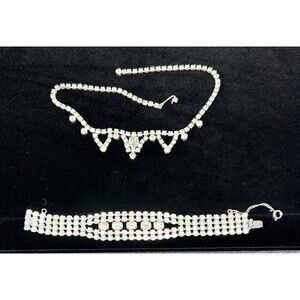Vintage Silvertone Diamond Clear Rhinestone Necklace & Bracelet Costume Jewelry